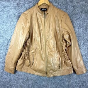 New Look Faux Leather Jacket Womens 1X Beige Biker Outdoor Side Smocked Full Zip